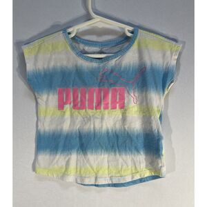 Puma Kids 2T Graphic T-Shirt Blue & Yellow Striped Tie Dye Cap Sleeve